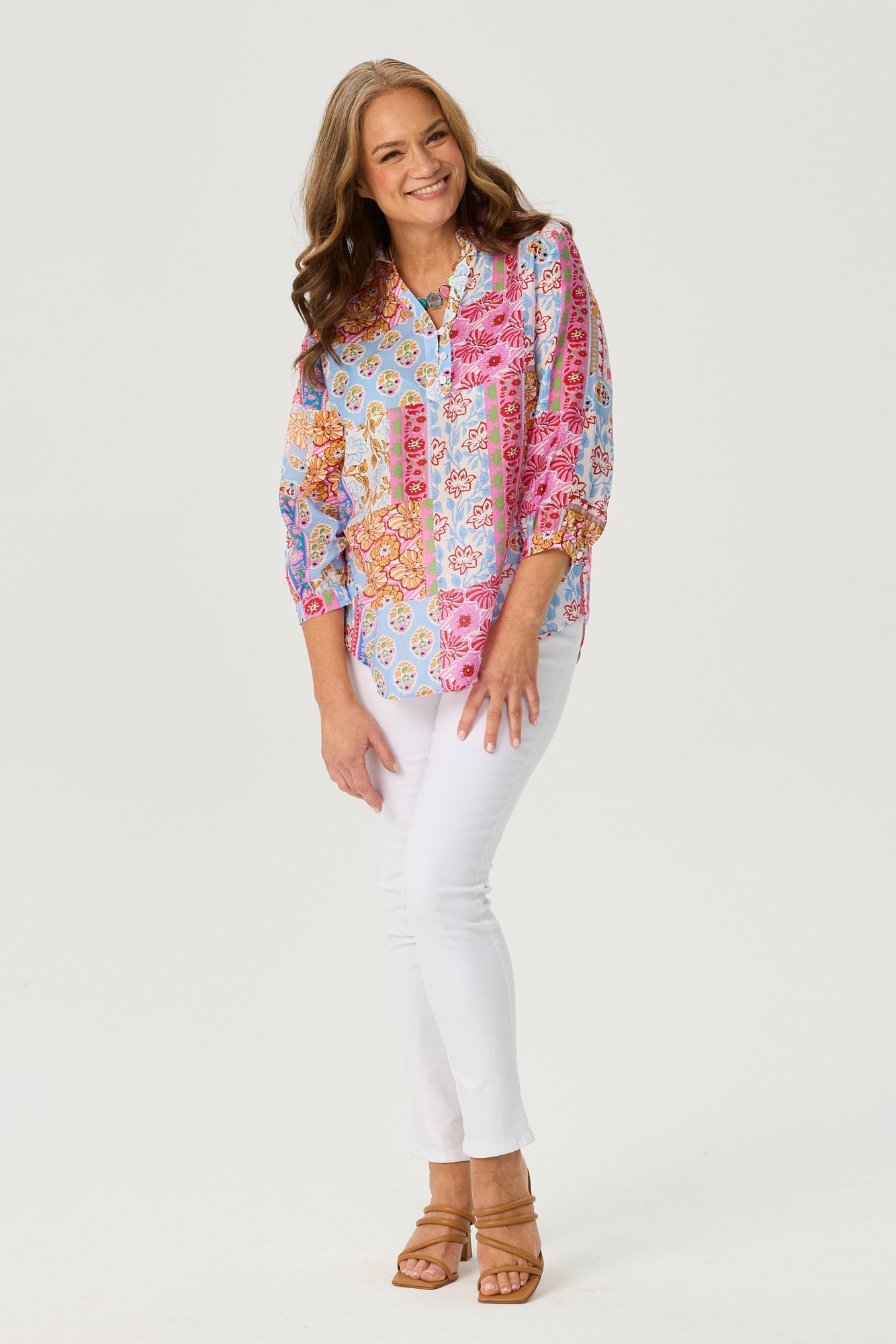 PATCHWORK PRINT 3/4 SLV BLOUSE