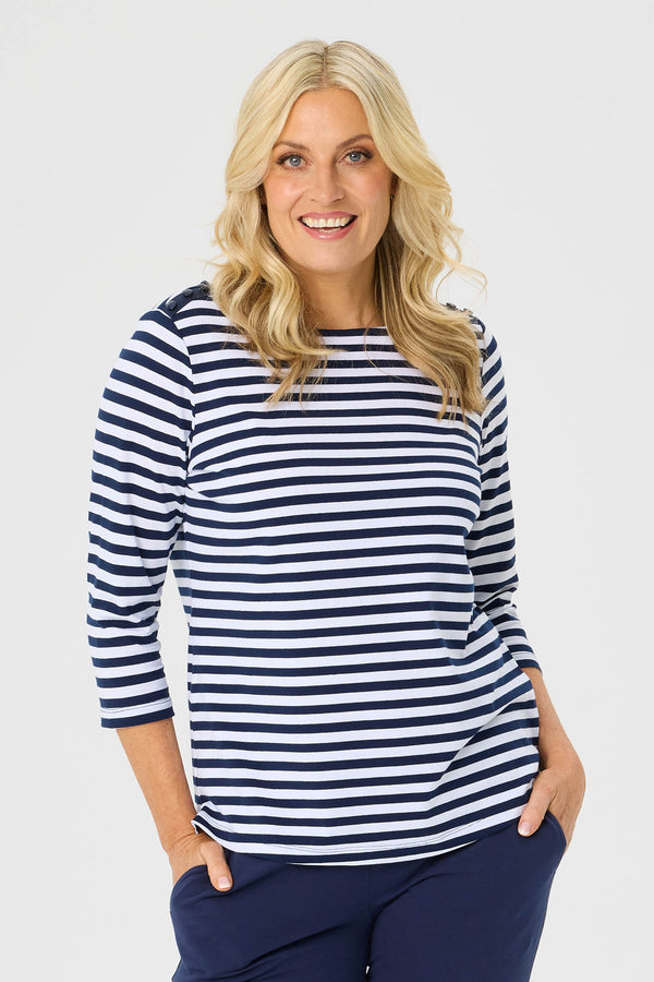 ESCAPE STRIPE 3/4 SLV BUTTON TOP