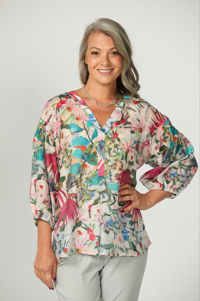 Botanical 3/4 Sleeve Smocked Blouse