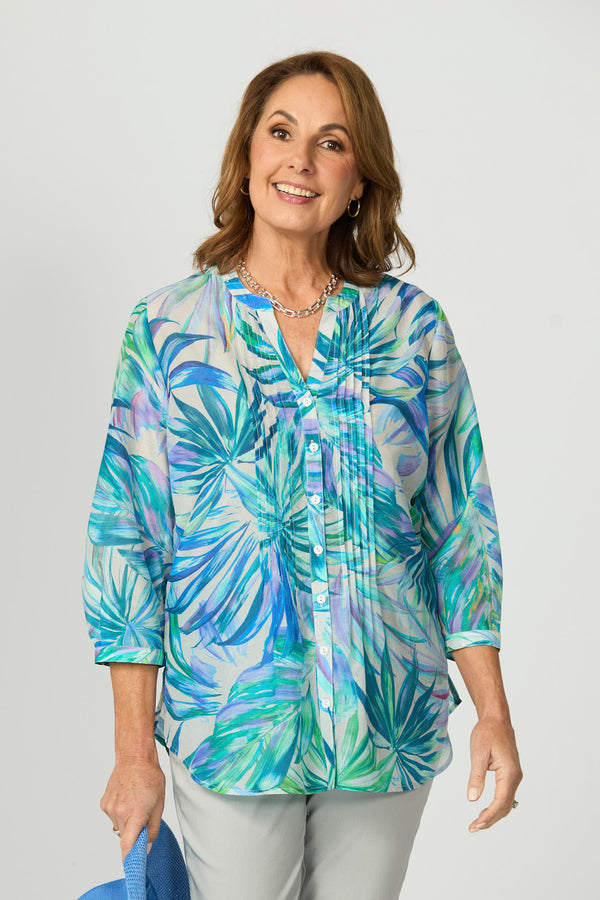 Tropical Palms Pleat 3/4 Sl Shirt